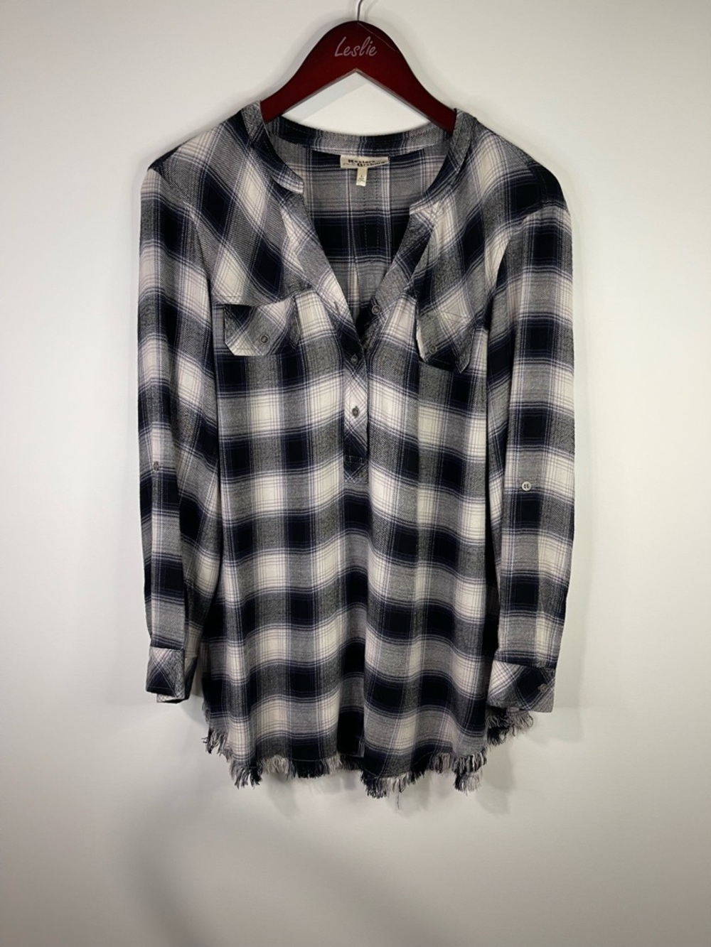 Hester & Orchard Plaid Frayed-Hem Long Sleeve Shirt - Black & White
